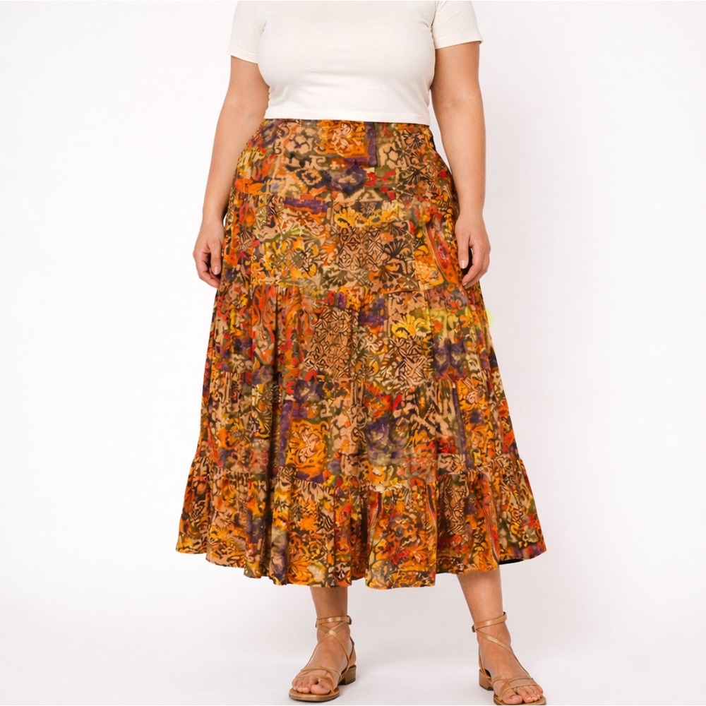 Vtg Carole Little Womens Tiered Midi Skirt XL Abstract Print Cotton Stretch Knit